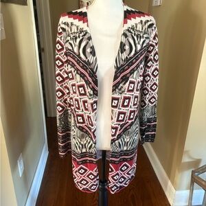 Chico's Red, Gray and Black Patterned Cardigan. Size 1